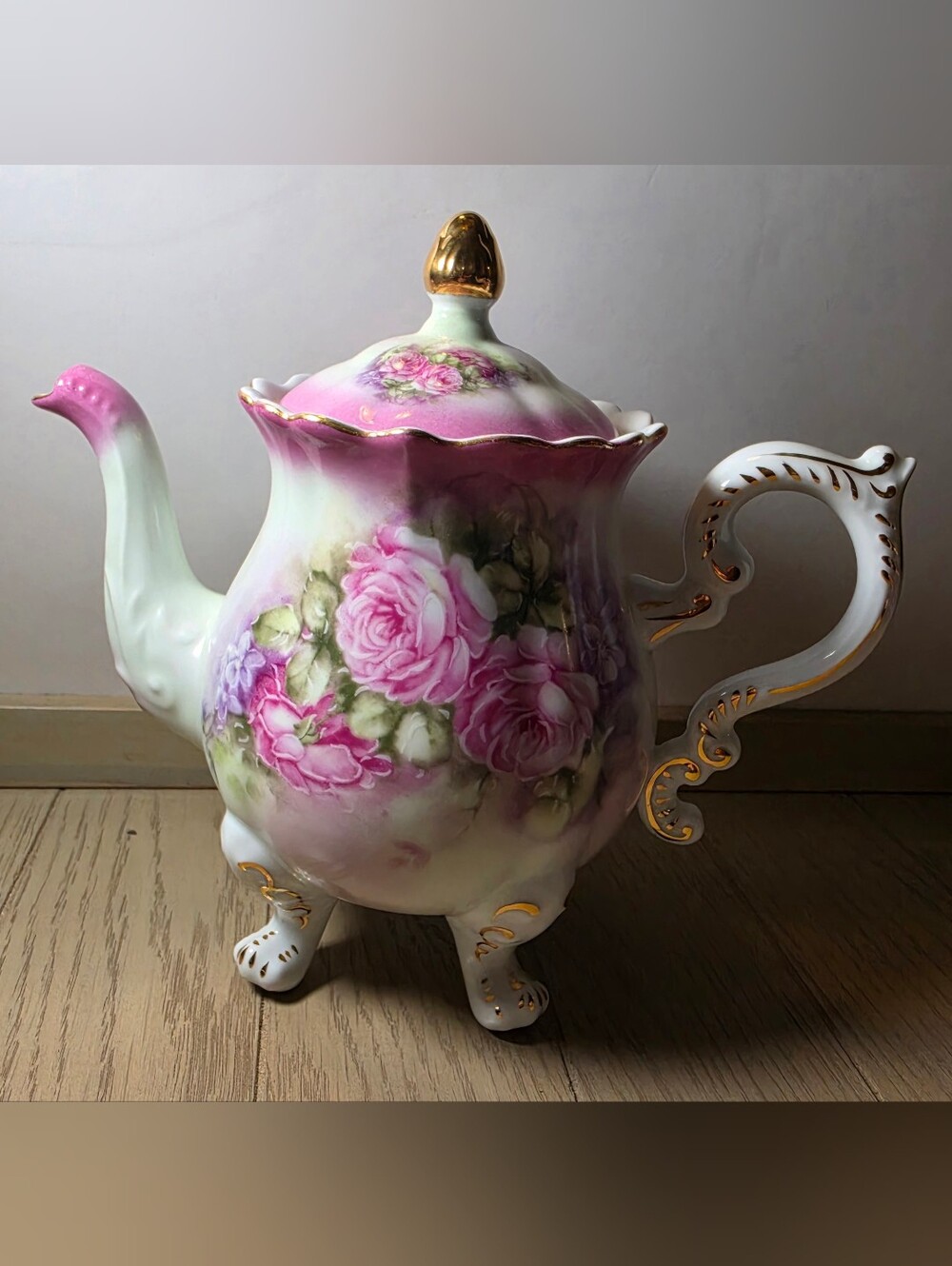 Victoria's Garden Lowell MA 01853 Footed Floral Ceramic Tea Pot w/Gold Trim
